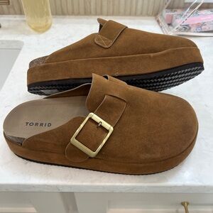 Torrid Brown Suede Clogs with Gold Buckle